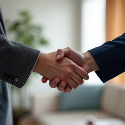 A handshake between a client and a licensed professional, symbolizing trust and a quality guarantee on apartment repair work.